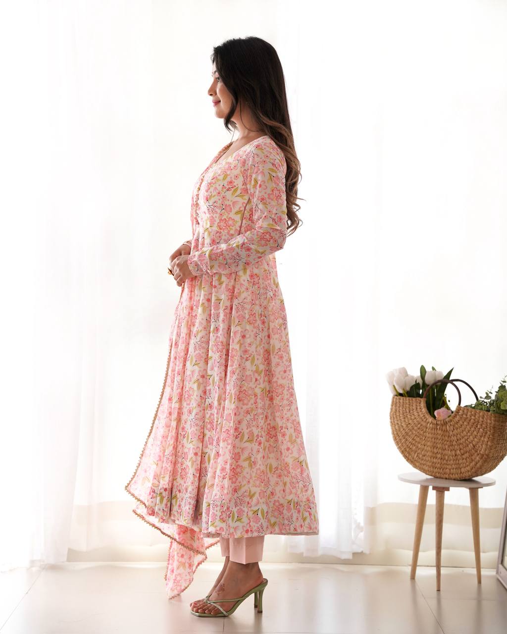 Designer Peach Color Floral Printed Arti Chauhan Anarkali Suit