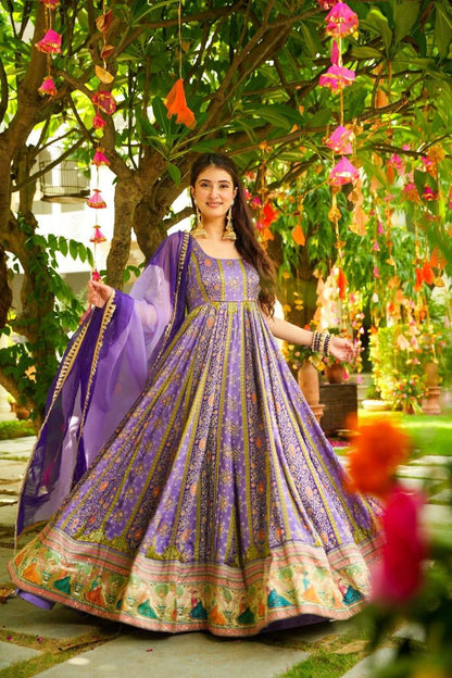 Party Wear Lavender Color Organza Digital Print Anarkali Gown Set