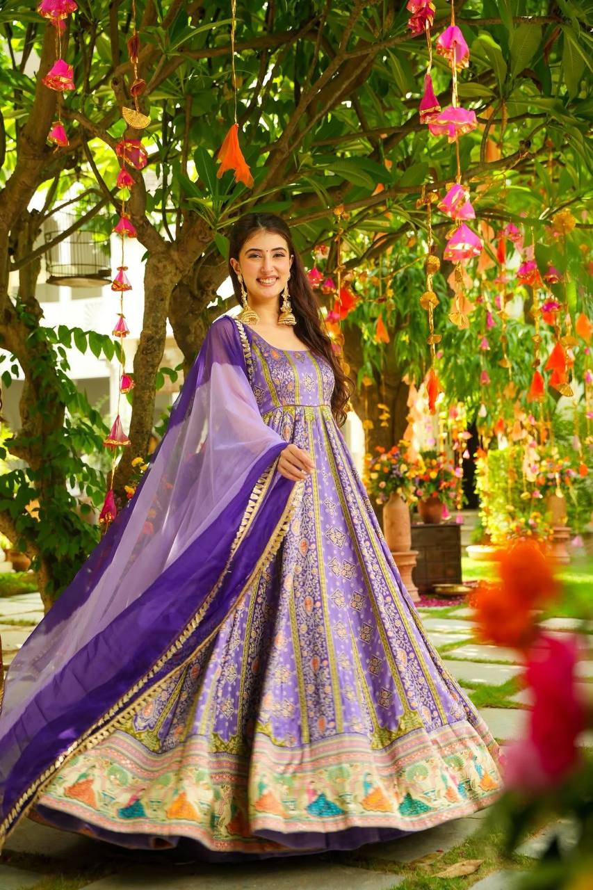 Party Wear Lavender Color Organza Digital Print Anarkali Gown Set