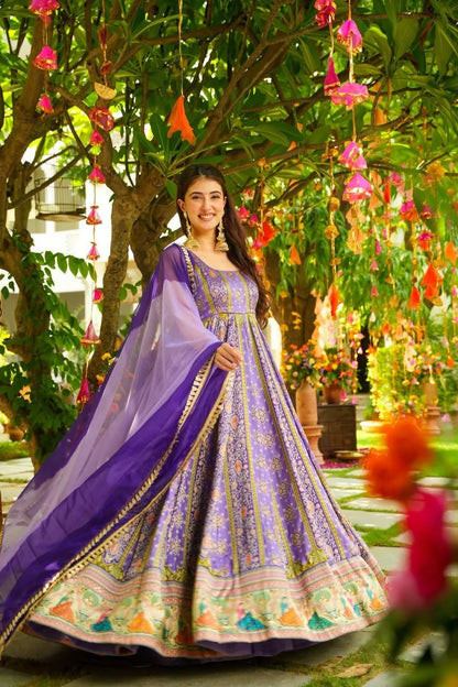 Party Wear Lavender Color Organza Digital Print Anarkali Gown Set