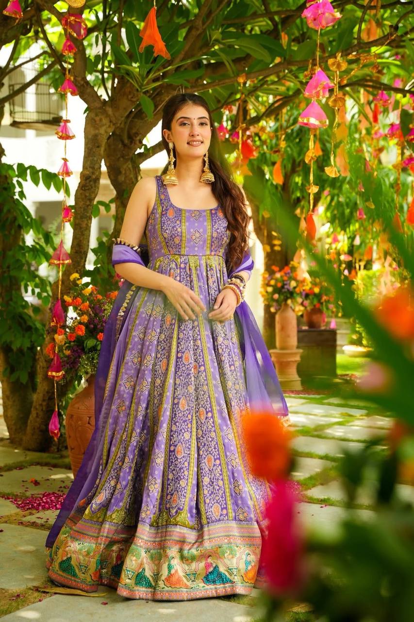 Party Wear Lavender Color Organza Digital Print Anarkali Gown Set