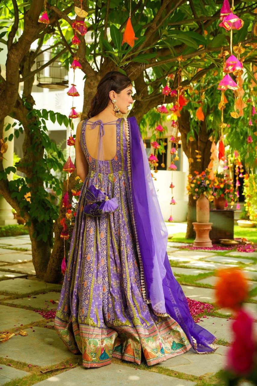 Party Wear Lavender Color Organza Digital Print Anarkali Gown Set