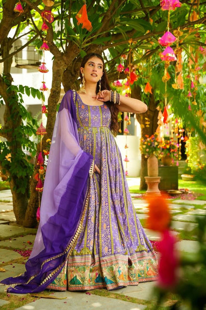 Party Wear Lavender Color Organza Digital Print Anarkali Gown Set