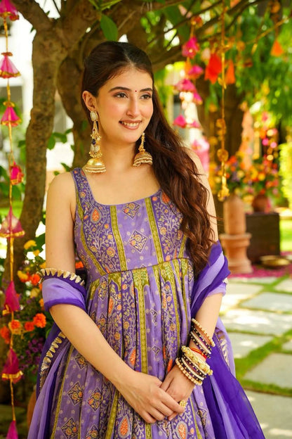Party Wear Lavender Color Organza Digital Print Anarkali Gown Set