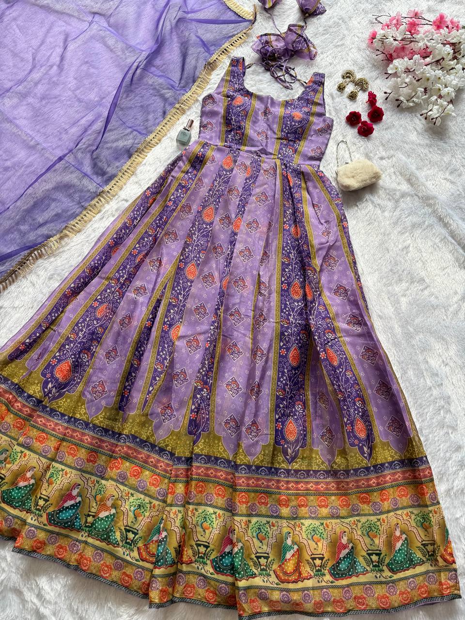 Party Wear Lavender Color Organza Digital Print Anarkali Gown Set