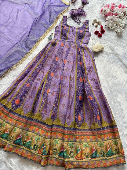 Party Wear Lavender Color Organza Digital Print Anarkali Gown Set
