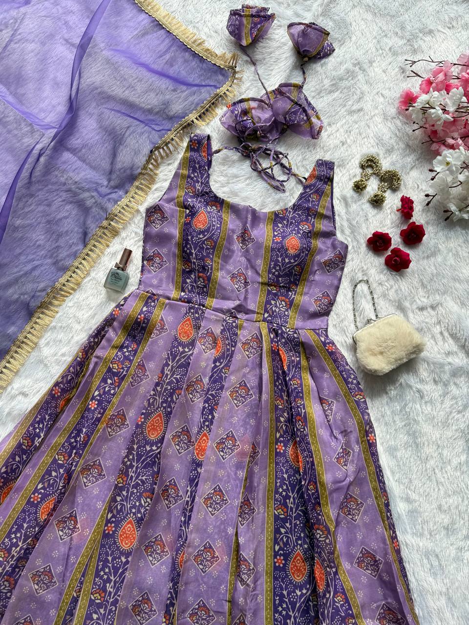 Party Wear Lavender Color Organza Digital Print Anarkali Gown Set
