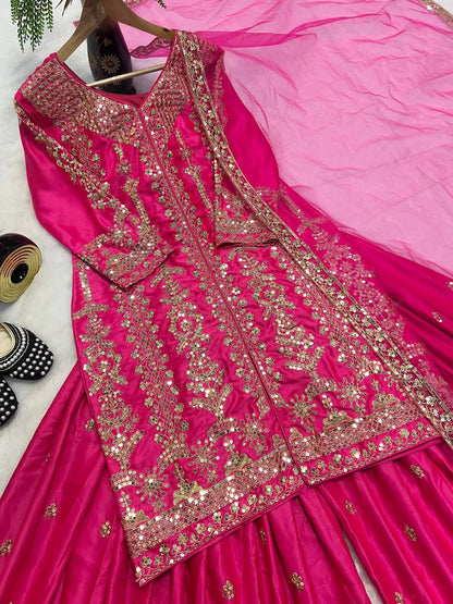 Exclusive Pink Color Heavy Malay Satin Silk 3-Piece Sharara Set