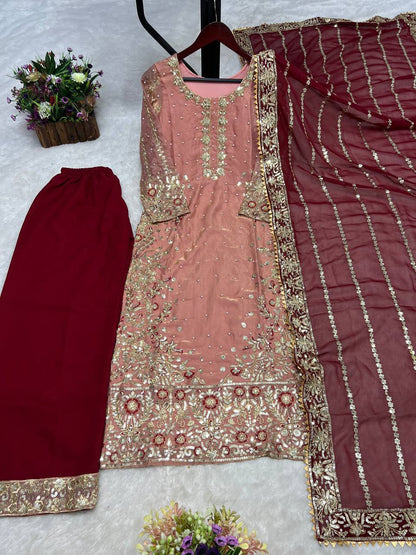 Trendy Peach Color Heavy Frendy Silk Beautiful Embroidery And Sequence Work Palazzo Suit