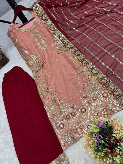 Trendy Peach Color Heavy Frendy Silk Beautiful Embroidery And Sequence Work Palazzo Suit