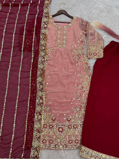 Trendy Peach Color Heavy Frendy Silk Beautiful Embroidery And Sequence Work Palazzo Suit