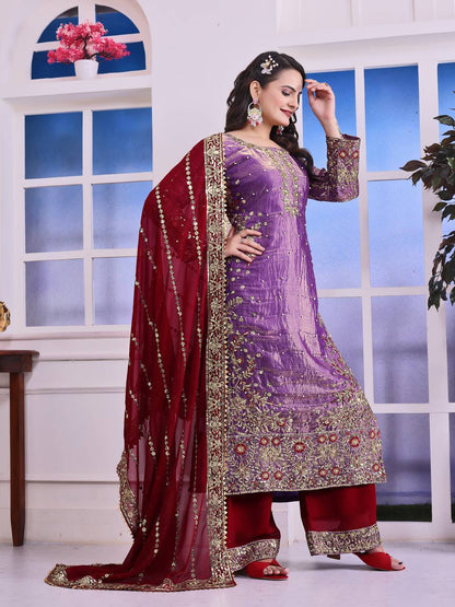 Shining Purple Color Heavy Frendy Silk Beautiful Embroidery And Sequence Work Palazzo Suit