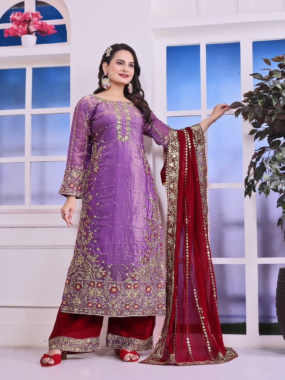 Shining Purple Color Heavy Frendy Silk Beautiful Embroidery And Sequence Work Palazzo Suit
