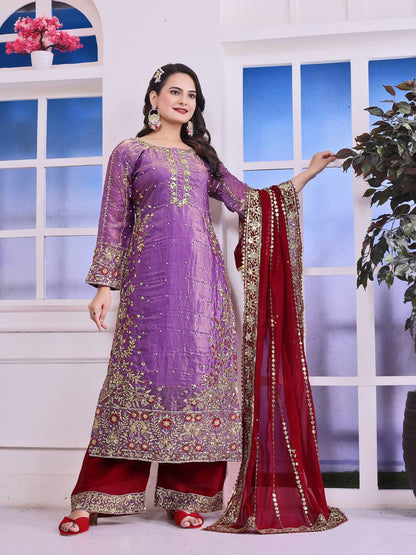 Shining Purple Color Heavy Frendy Silk Beautiful Embroidery And Sequence Work Palazzo Suit