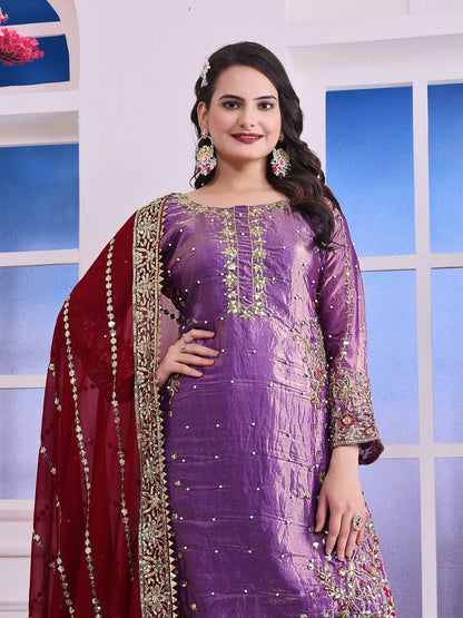 Shining Purple Color Heavy Frendy Silk Beautiful Embroidery And Sequence Work Palazzo Suit