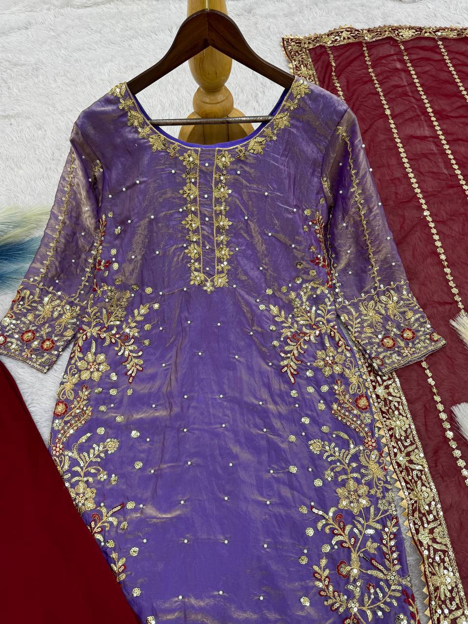 Shining Purple Color Heavy Frendy Silk Beautiful Embroidery And Sequence Work Palazzo Suit