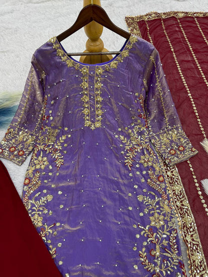 Shining Purple Color Heavy Frendy Silk Beautiful Embroidery And Sequence Work Palazzo Suit