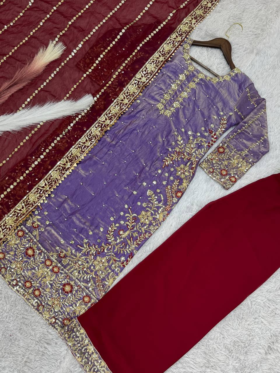 Shining Purple Color Heavy Frendy Silk Beautiful Embroidery And Sequence Work Palazzo Suit