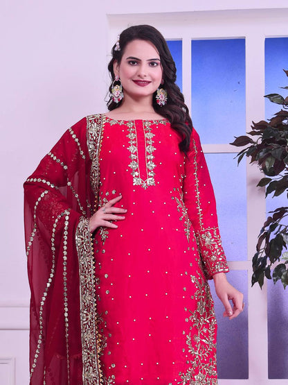 Gorgeous Red Color Heavy Frendy Silk Beautiful Embroidery And Sequence Work Palazzo Suit