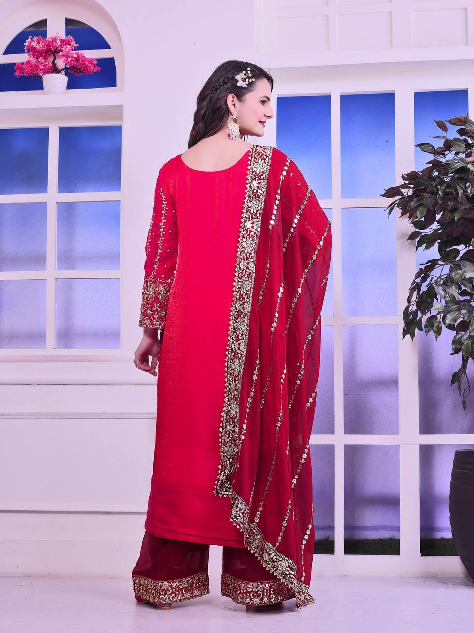 Gorgeous Red Color Heavy Frendy Silk Beautiful Embroidery And Sequence Work Palazzo Suit