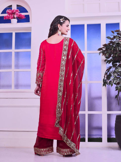 Gorgeous Red Color Heavy Frendy Silk Beautiful Embroidery And Sequence Work Palazzo Suit
