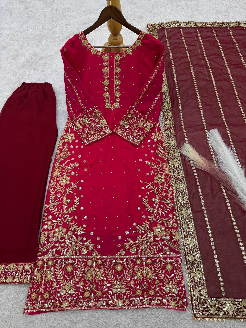 Gorgeous Red Color Heavy Frendy Silk Beautiful Embroidery And Sequence Work Palazzo Suit
