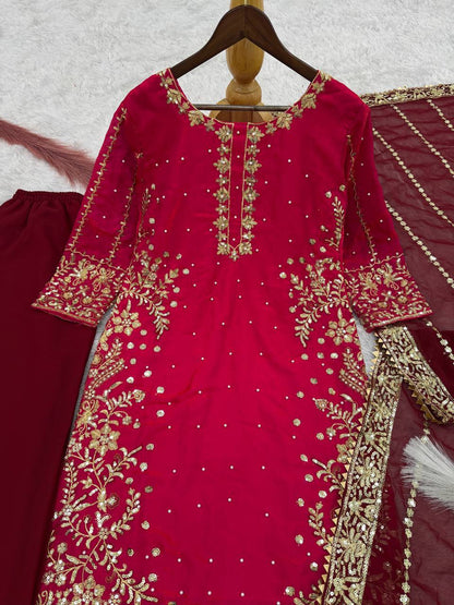 Gorgeous Red Color Heavy Frendy Silk Beautiful Embroidery And Sequence Work Palazzo Suit
