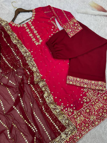 Gorgeous Red Color Heavy Frendy Silk Beautiful Embroidery And Sequence Work Palazzo Suit