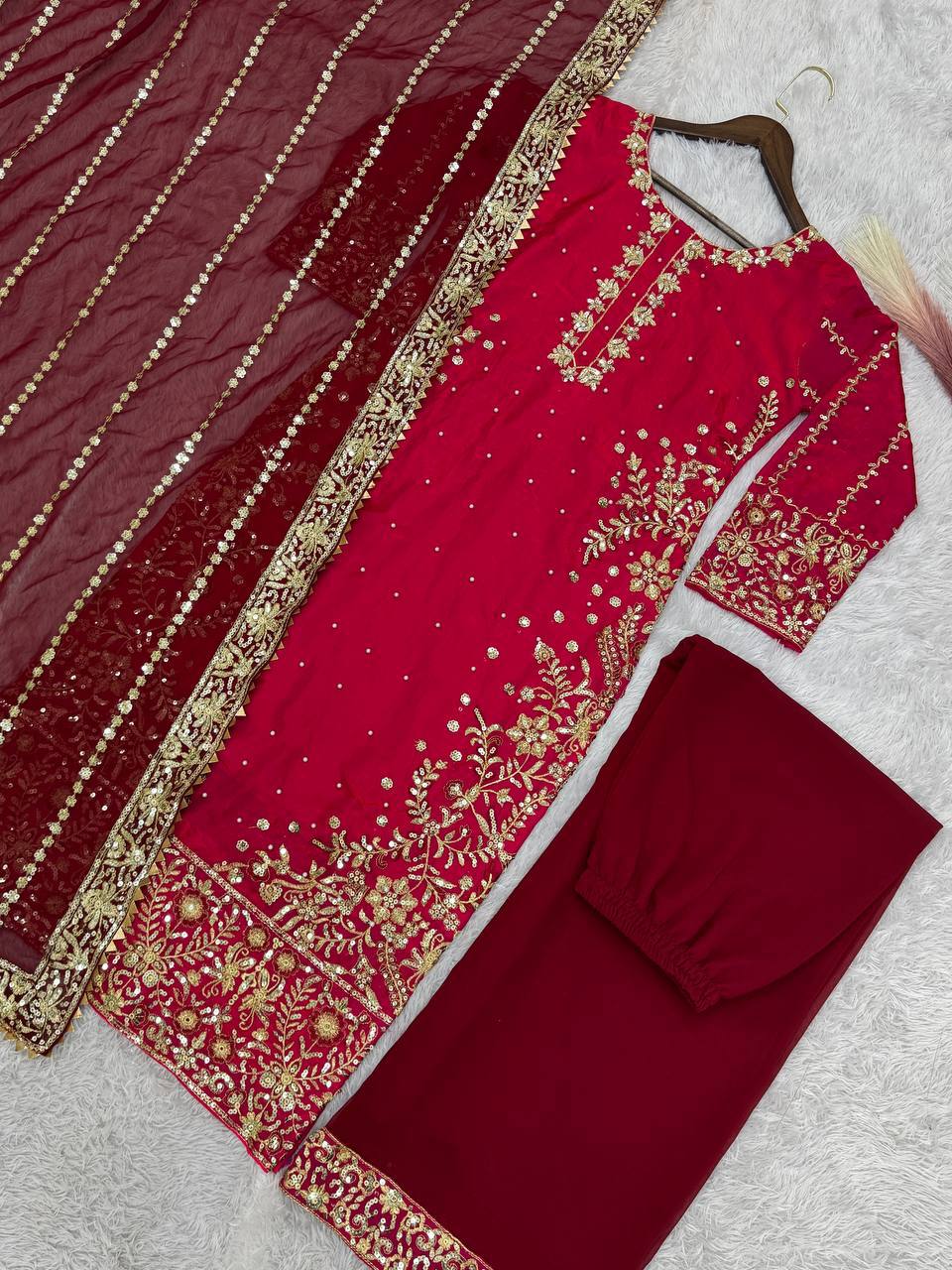 Gorgeous Red Color Heavy Frendy Silk Beautiful Embroidery And Sequence Work Palazzo Suit