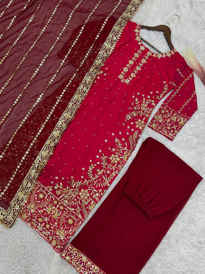 Gorgeous Red Color Heavy Frendy Silk Beautiful Embroidery And Sequence Work Palazzo Suit