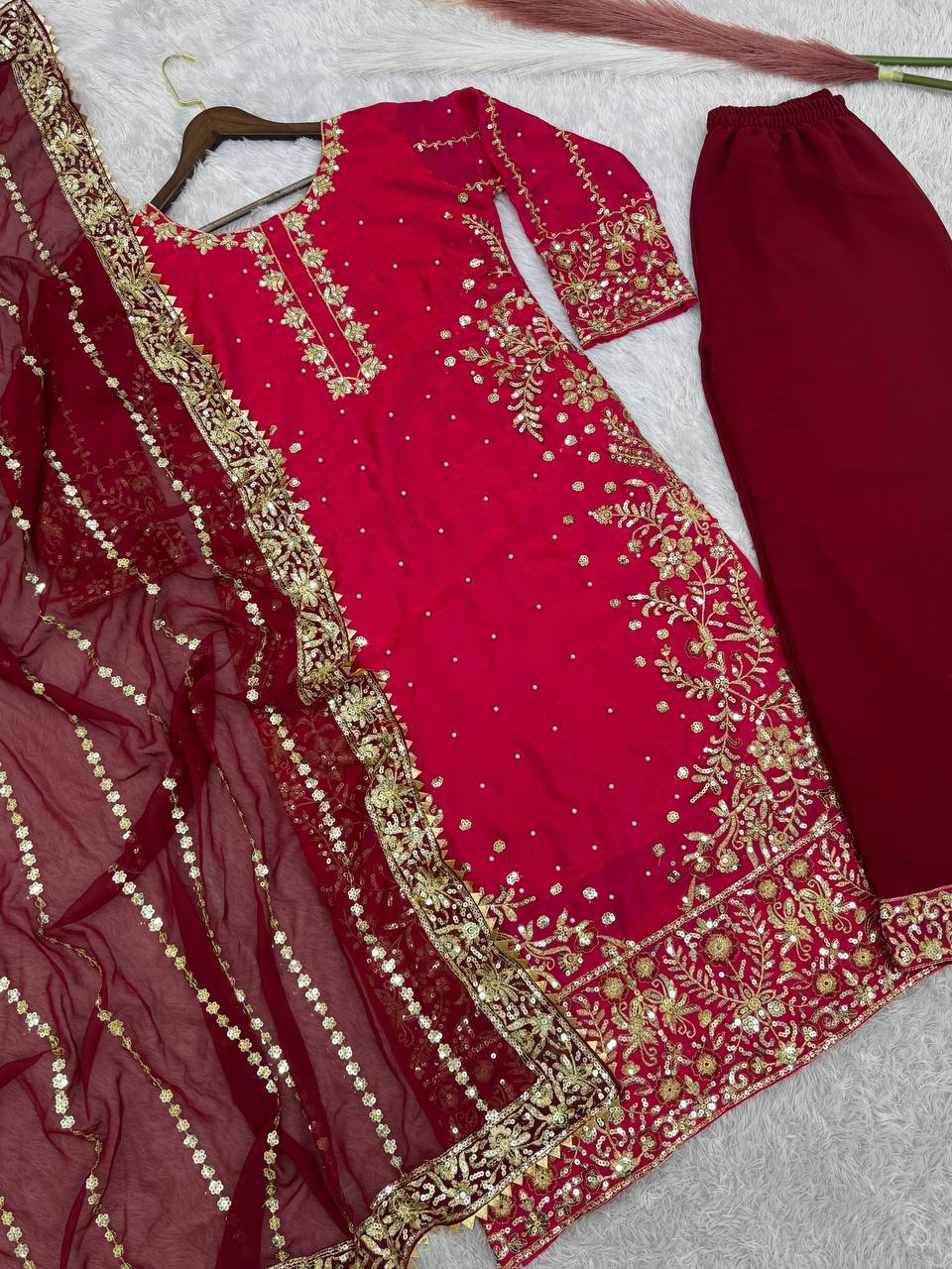 Gorgeous Red Color Heavy Frendy Silk Beautiful Embroidery And Sequence Work Palazzo Suit