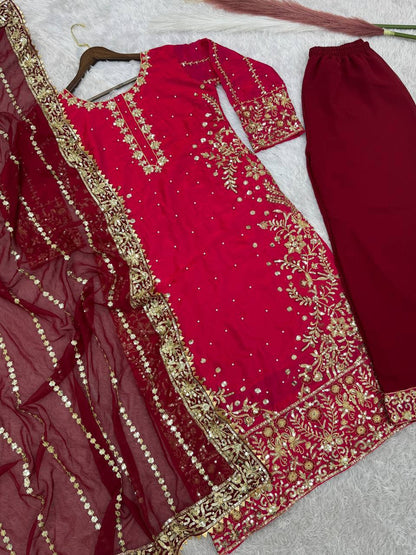 Gorgeous Red Color Heavy Frendy Silk Beautiful Embroidery And Sequence Work Palazzo Suit