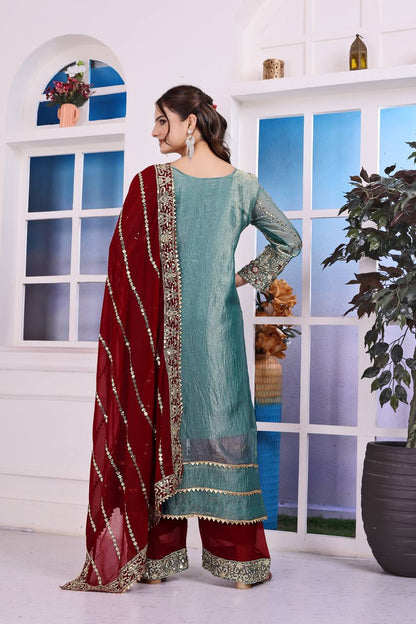 Attractive Green Color Heavy Frendy Silk Beautiful Embroidery And Sequence Work Palazzo Suit