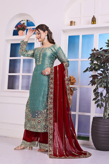 Attractive Green Color Heavy Frendy Silk Beautiful Embroidery And Sequence Work Palazzo Suit