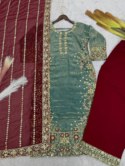 Attractive Green Color Heavy Frendy Silk Beautiful Embroidery And Sequence Work Palazzo Suit