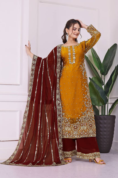 Exclusive Mustard Color Heavy Frendy Silk Beautiful Embroidery And Sequence Work Palazzo Suit