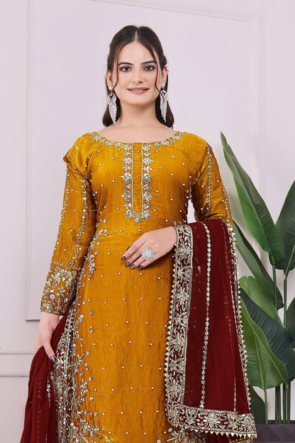 Exclusive Mustard Color Heavy Frendy Silk Beautiful Embroidery And Sequence Work Palazzo Suit