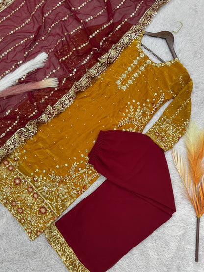 Exclusive Mustard Color Heavy Frendy Silk Beautiful Embroidery And Sequence Work Palazzo Suit