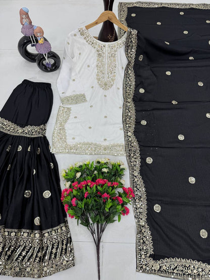 Party Wear Black Color Heavy Chinon With Embroidered Sequence Work Designer Sharara Suit