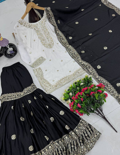 Party Wear Black Color Heavy Chinon With Embroidered Sequence Work Designer Sharara Suit
