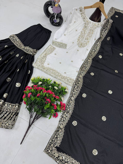 Party Wear Black Color Heavy Chinon With Embroidered Sequence Work Designer Sharara Suit