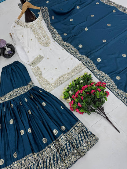 Function Wear Teal Color Heavy Chinon With Embroidered Sequence Work Designer Sharara Suit
