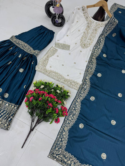 Function Wear Teal Color Heavy Chinon With Embroidered Sequence Work Designer Sharara Suit