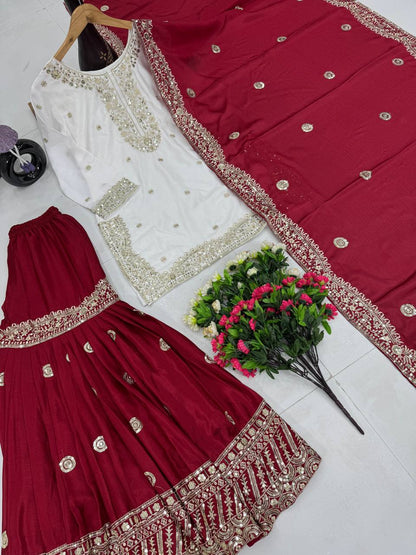 Ceremony Wear Maroon Color Heavy Chinon With Embroidered Sequence Work Designer Sharara Suit