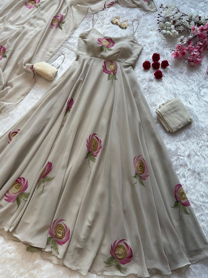 Grey Color Handpainted Georgette Anarkali Set