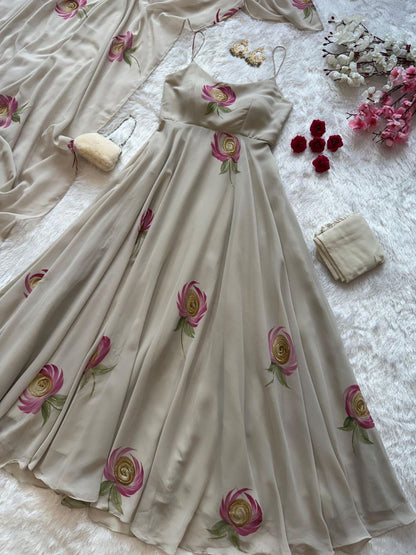 Grey Color Handpainted Georgette Anarkali Set