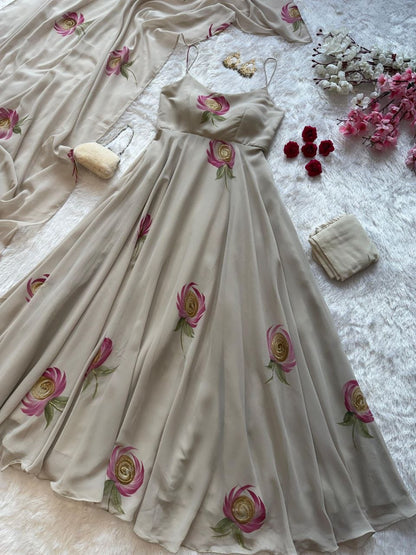 Grey Color Handpainted Georgette Anarkali Set