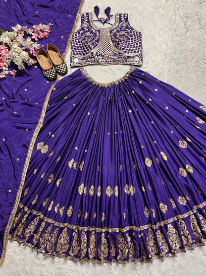 Wedding Wear Royal Blue Color Heavy Chinon Silk With Embroidery Sequence Work Lehenga Choli