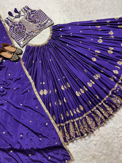 Wedding Wear Royal Blue Color Heavy Chinon Silk With Embroidery Sequence Work Lehenga Choli