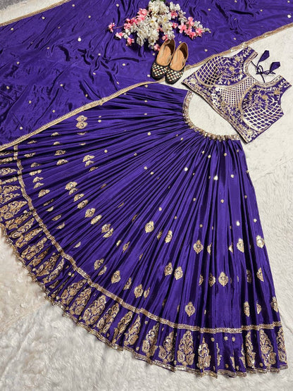 Wedding Wear Royal Blue Color Heavy Chinon Silk With Embroidery Sequence Work Lehenga Choli